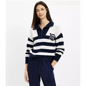 Lou & Grey Striped Ribbed Rugby Stripe Pullover Patch Varsity Sz S Blue/White